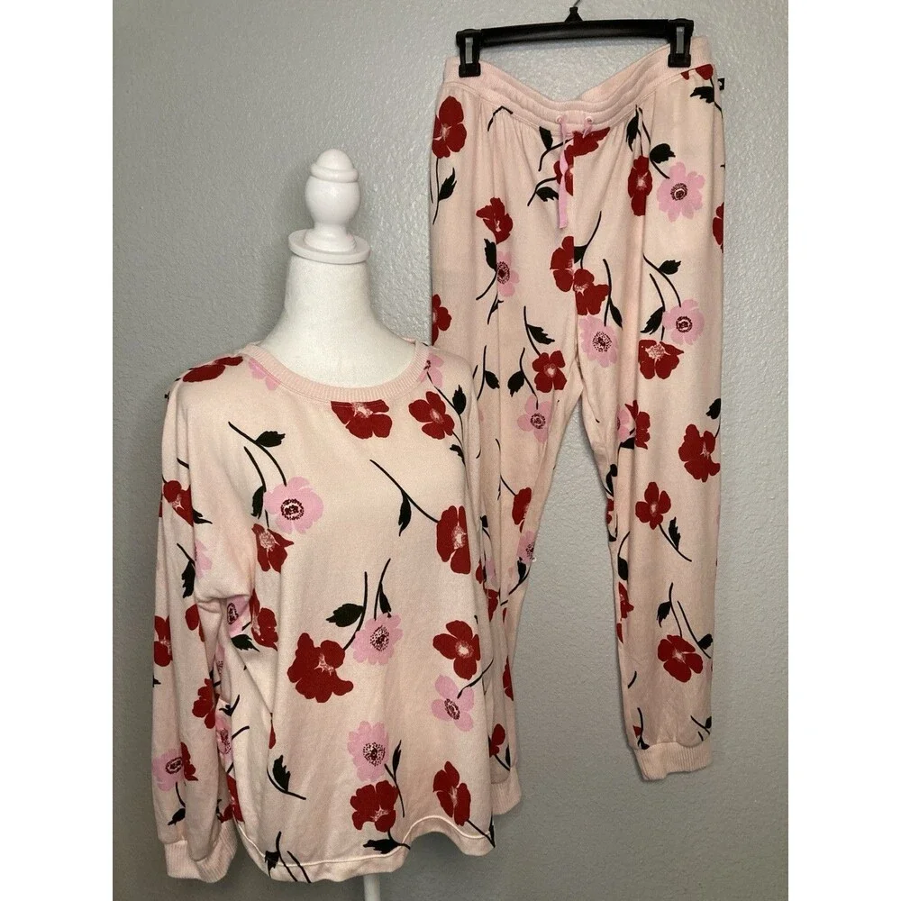Kate Spade Pajama Pant Set Womens Size XL Pink Floral Roses Soft Cozy Luxury EUC